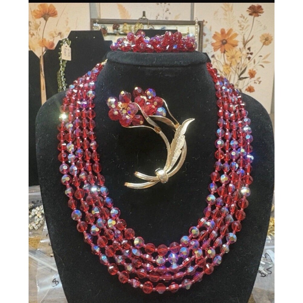 Vintage Castlecliff Red AB Crystal 3Piece Jewelry Set Necklace BroochEarrings
